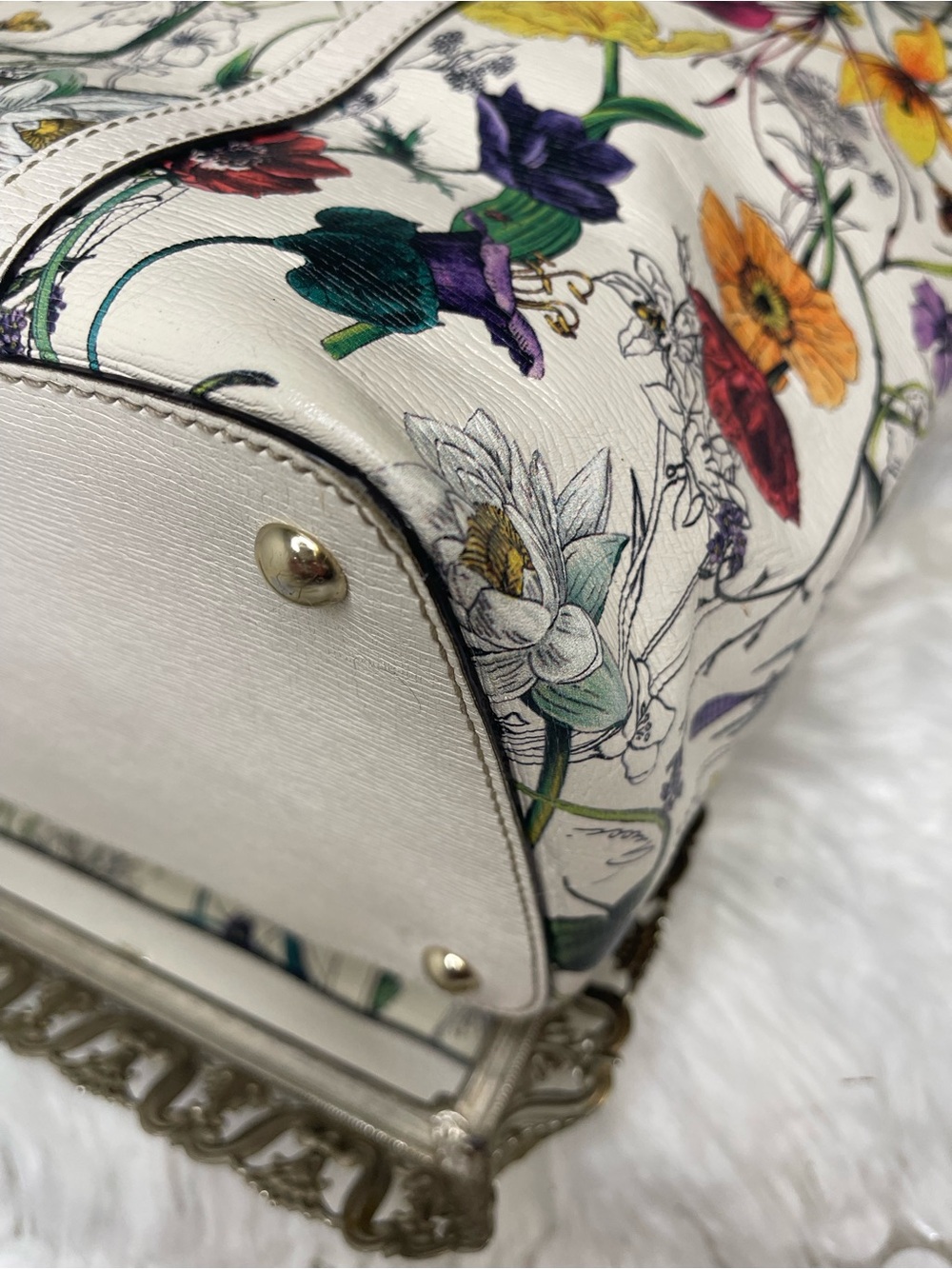 G-VGUC 2013 Gucci Flora Nice Medium Shoulder Tote Bag White Canvas Leather, GHW - Picture 6 of 16